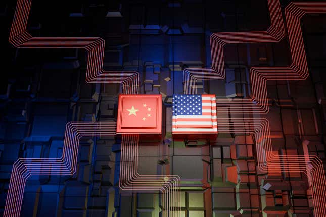 digital render of chips with China flag and USA flag on circuit board