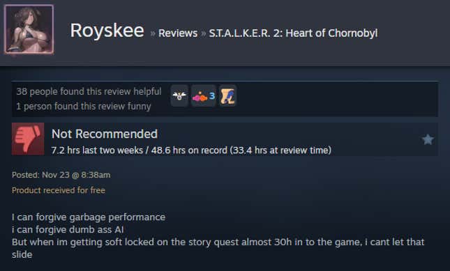 A screenshot shows a Steam user review for Stalker 2.