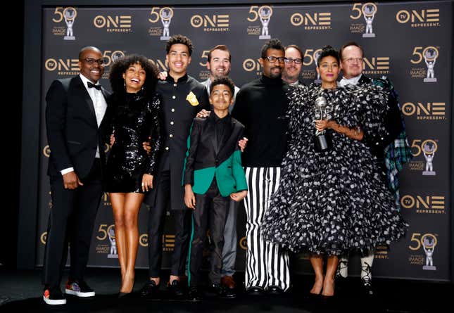  Brian Dobbins, Yara Shahidi, Marcus Scribner, Jeff Meacham, Miles Brown, Jonathan Groff, Deon Cole, Tracee Ellis Ross, and Peter Mackenzie, winners of the Outstanding Comedy Series for ‘Black-ish,’ attend the 50th NAACP Image Awards at Dolby Theatre on March 30, 2019 in Hollywood, California.