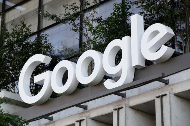 The Google sign is shown over an entrance to the company&#39;s new building in New York on Wednesday, Sept. 6, 2023. The U.S. government is taking aim at what has been an indomitable empire: Google’s ubiquitous search engine and the lucrative digital services hatched by its unwavering status as the internet’s main gateway. (AP Photo/Peter Morgan)