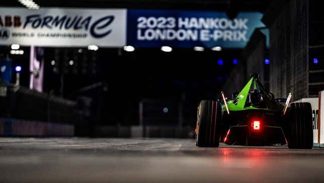 Sebastien Buemi of Envision Racing drives past the start line at the 2023 London ePrix