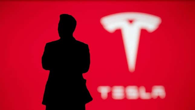 Elon Musk in shadow in front of the Tesla logo