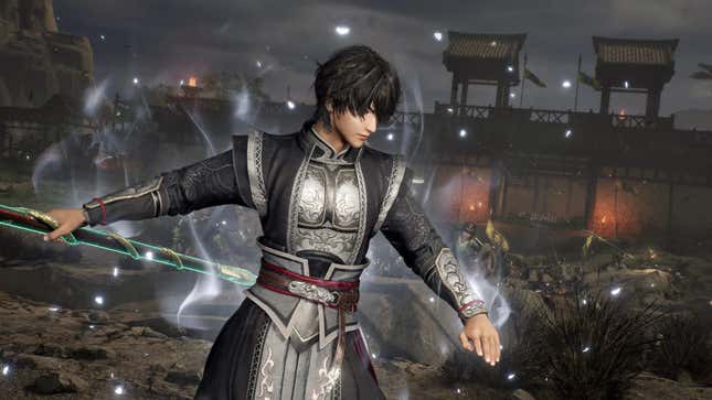 A screenshot of Dynasty Warriors: Origins. The protagonist is holding the Crescent Blade weapon and is glowing.