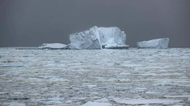 A view of icebergs in Penola Strait in Antarctica.