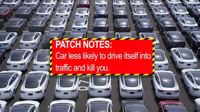 An image shows rows of Tesla cars with a fictitious warning label in front of them. 