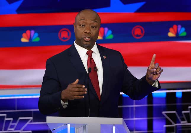 Republican presidential candidate U.S. Sen. Tim Scott (R-SC) speaks during the NBC News Republican Presidential Primary Debate at the Adrienne Arsht Center for the Performing Arts of Miami-Dade County on November 8, 2023 in Miami, Florida. 