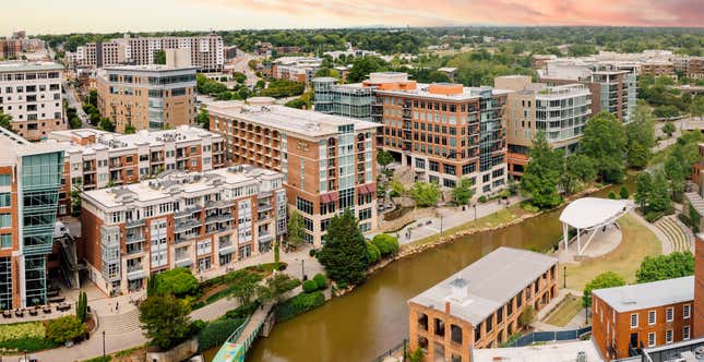  the urban riverfront Reedy River as it winds through downtown Greenville, SC