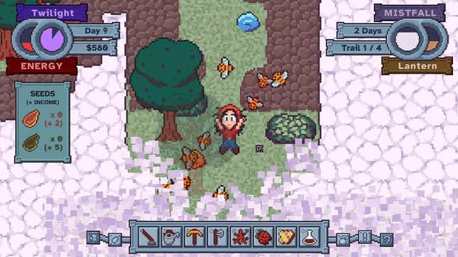 A pixelated character stands in a misty field.