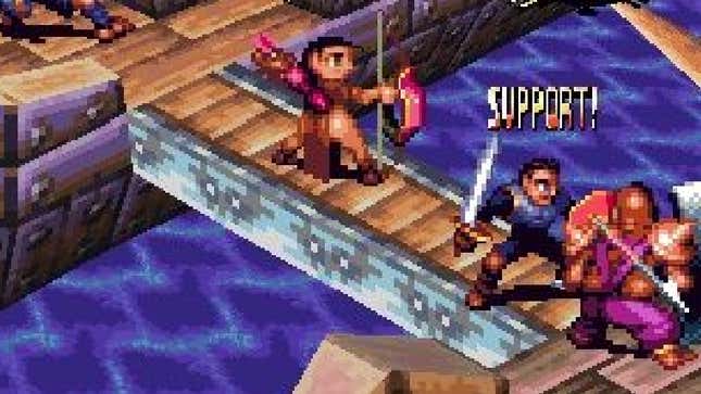 Pixel art sprites appear on a bridge in battle. 