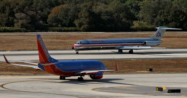 A 2010 photo of planes from Southwest Airlines and American Airlines