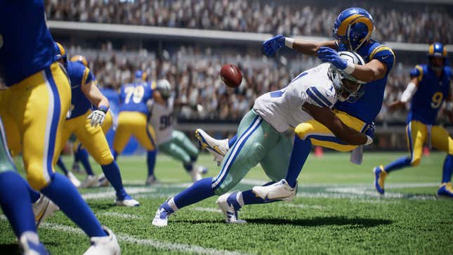 A screenshot shows a player tackling another player as seen in Madden. 