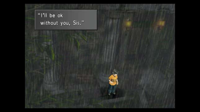 A young Squall stands in a rainstorm and says he'll be okay.