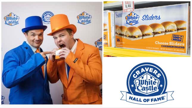 White Castle hall-of-famers beside frozen sliders and Cravers logo