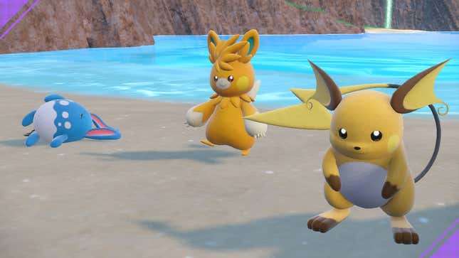 Azumarrill, Pawmot, and Raichu are shown hanging out on a beach.