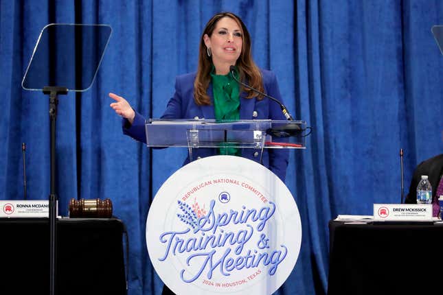 Ronna McDaniel, the outgoing Republican National Committee chairwoman, gives her last speech in the position at the general session of the RNC Spring Meeting Friday, March 8, 2024, in Houston. McDaniel is succeeded by Michael Whatley, who won by unanimous voice vote. (AP Photo/Michael Wyke)