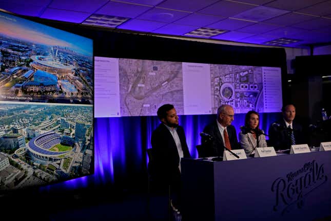 Kansas City Royals baseball team officials and their consultants talk about proposals for a new stadium to replace Kaufmann Stadium which has been home to the team for more than 50 years during a news conference, Tuesday, Aug. 22, 2023, in Kansas City, Mo. (AP Photo/Charlie Riedel)