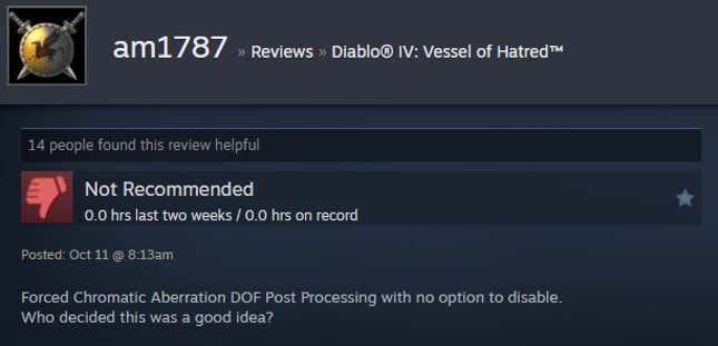 Image for article titled Diablo 4: Vessel Of Hatred, As Told By Steam Reviews