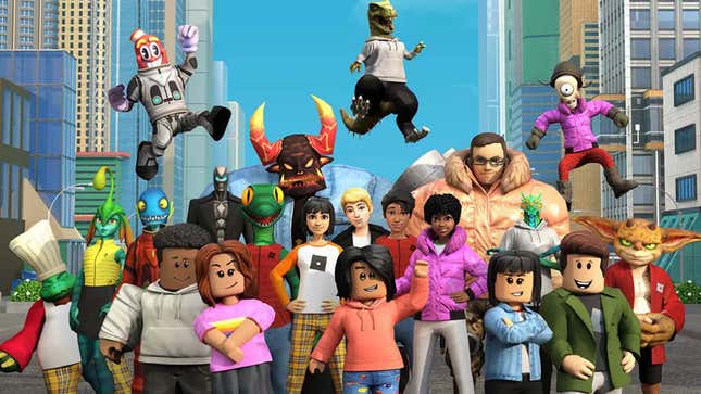 An image shows various Roblox avatars standing together. 