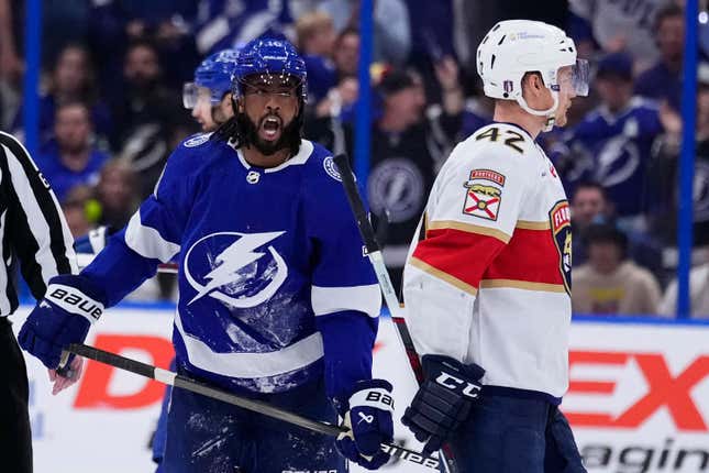 TAMPA, FLORIDA - APRIL 27: Anthony Duclair #10 of the Tampa Bay Lightning shouts at Gustav Forsling #42 of the Florida Panthers after drawing a penalty during the third period of Game Four of the First Round of the 2024 Stanley Cup Playoffs at Amalie Arena on April 27, 2024 in Tampa, Florida. (Photo by Rich Storry/Getty Images)