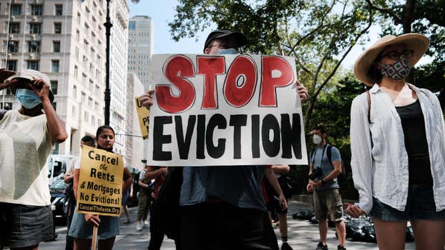 Activists hold a protest against evictions near City Hall on August 11, 2021 in New York City.