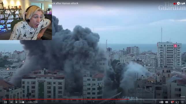 xQc gasps at footage of the Israel-Hamas war.