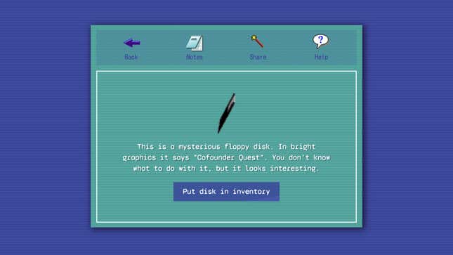 A screenshot of the game Cofounder's Quest which shows the player picking up a floppy disk.