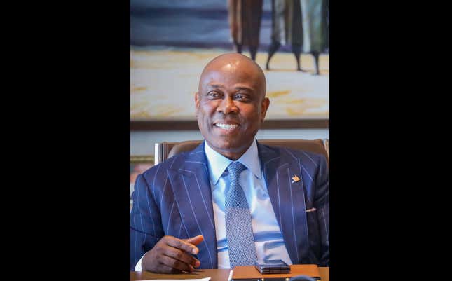 This undated photograph shows Herbert Wigwe, chief executive of Access Bank, Nigeria in his Lagos office. Wigwe was killed Friday, Feb. 9, 2024 along with his wife and son when a helicopter they were riding in crashed near in Southern California&#39;s Mojave Desert. (AP Photo/Ayodeji Owolabi)