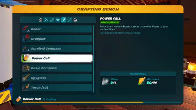 The power cell's crafting bench screen.