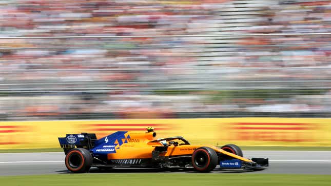 A photo of Lando Norris driving his 2019 Mclaren F1 car in Canada. 