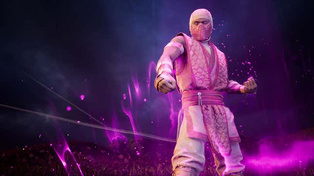 A pale ninja clad in pink and white assumes a stance while being surrounded by pink energy.