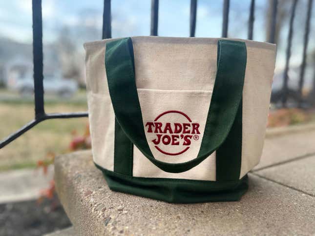 A Trader Joe&#39;s mini tote bag is shown in Palmyra, N.J., on Wednesday, March 13, 2024. The bag is the latest item to cause a stir on social media, so much so that resellers are taking advantage of the hype. (AP Photo/Christina Paciolla)