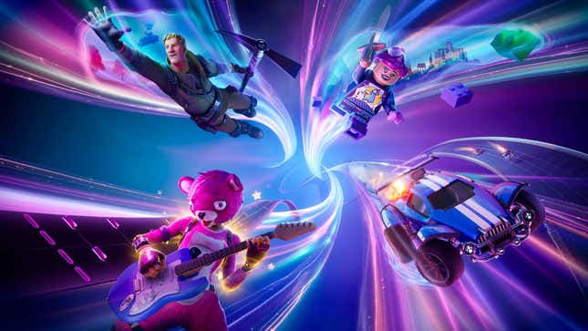 An image shows various Fortnite characters and items in a neon-filled void.