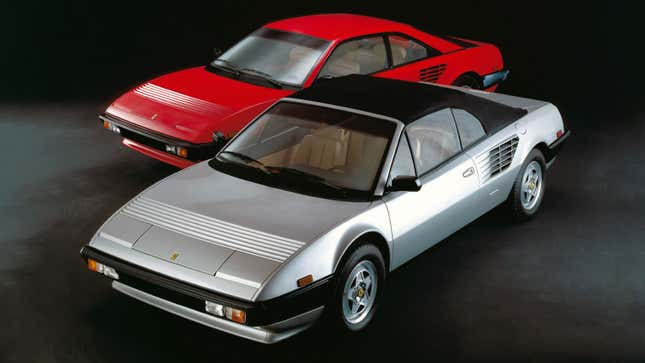 A photo of two Ferrari Mondial sports cars.