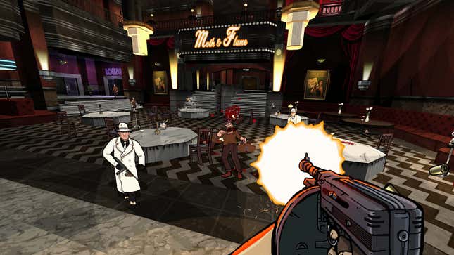 The player character fires at enemies with a tommy gun in Fallen Aces.