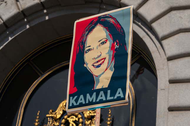 A supporter's sign at a San Francisco Democratic Party rally at City Hall in support of Kamala Harris. 