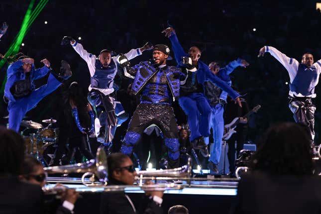 Usher performs during halftime of Super Bowl LVIII on Sunday, February 11, 2024, at Allegiant Stadium in Las Vegas 