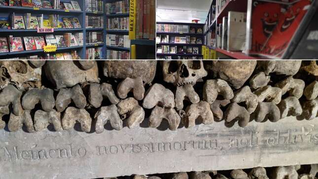 Two stacks of DVDs from Scarecrow Video's collections, above a photo from the Paris Catacombs showing femurs and skulls.