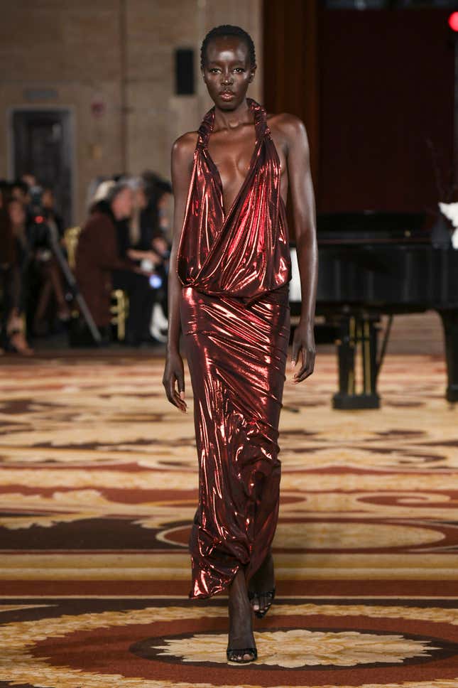 NEW YORK, USA - FEBRUARY 12: A model walks the runway during the LaQuan Smith Ready to Wear Fall/Winter 2024-2024 fashion show as part of the New York Fashion Week on February 12, 2024 in New York.