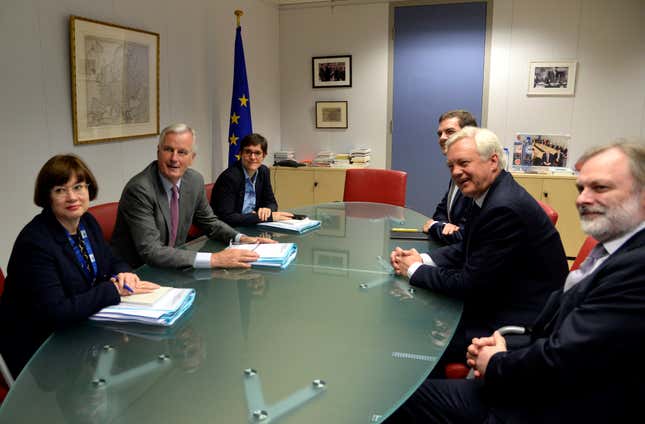 European Union’s chief Brexit negotiator Michel Barnier and his delegation and Britain’s Secretary of State for Exiting the European Union David Davis and his delegation on July 17.