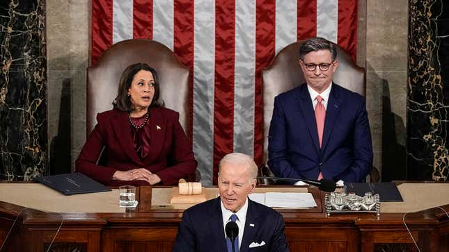 Image for article titled ‘I Know Him,’ Kamala Harris Whispers To Mike Johnson During State Of The Union