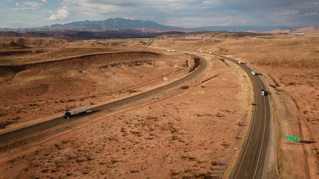 A photo of a highway in Arizona taken from a helicopter. 