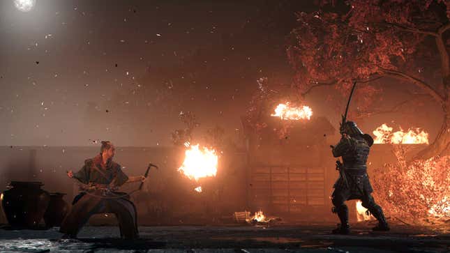 A one-on-one duel with Yasuke in a burning castle in Assassin’s Creed Shadows.