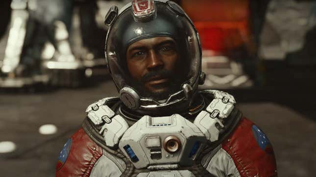 A Starfield character wearing a spacesuit looks out through his helmet.