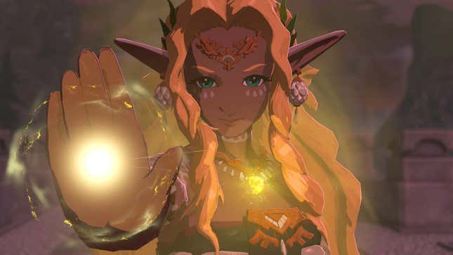 The Legend of Zelda: Tear of the Kingdom's Queen Sonia extends her right hand as a circular light glows in the center of it.