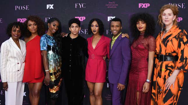 US actress Charlayne Woodard, US actress Angelica Ross, Dominican-US actor Angel Bismark Curiel, US actress Mj Rodriguez, US actor Dyllon Burnside, US actor Indya Moore and US pianist, supervising producer and writer Our Lady J attend the red carpet event for FX’s “Pose” at Pacific Design Center in West Hollywood, California, on August 9, 2019. 