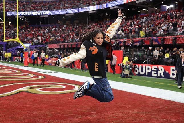 LAS VEGAS, NEVADA - FEBRUARY 11: American Rapper Jay-Z’s daughter, Blue Ivey Carter, reacts before Super Bowl LVIII between the San Francisco 49ers and Kansas City Chiefs at Allegiant Stadium on February 11, 2024 in Las Vegas, Nevada.