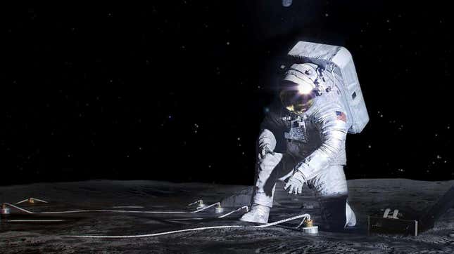  An artist’s concept of an Artemis astronaut deploying an instrument on the surface of the Moon.