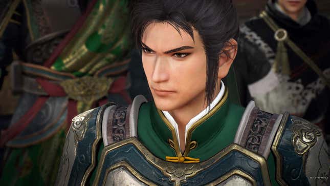 A screenshot of Dynasty Warriors: Origins. The camera zooms in on the face of the character Liu Bei.