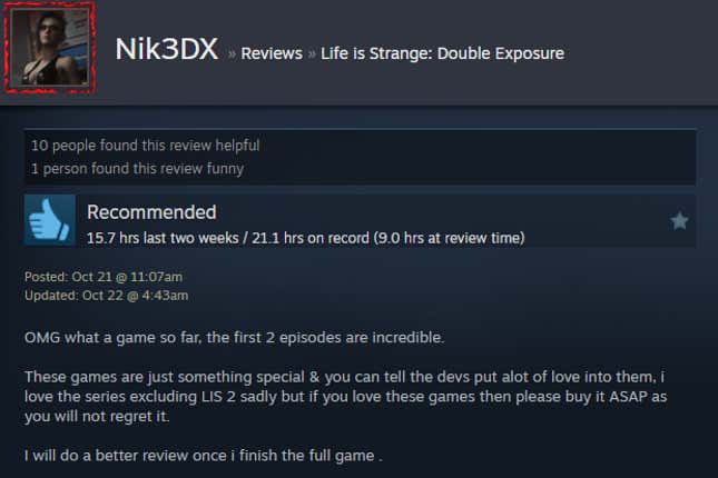 A screenshot shows a Steam review of Life is Strange: Double Exposure.