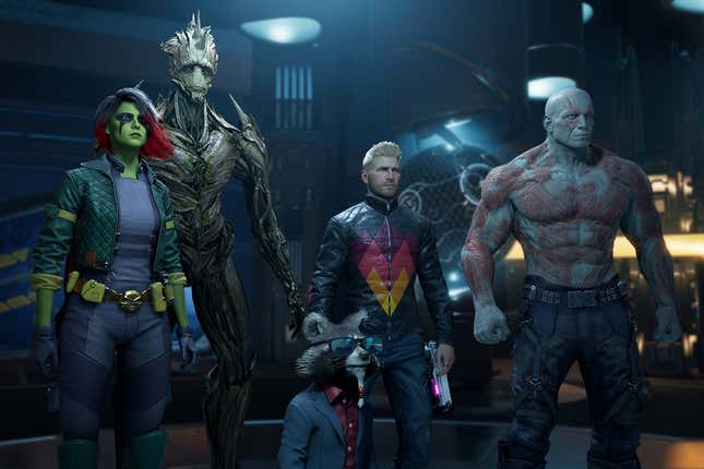 The Guardians of the Galaxy in various outfits from their comic book and cinematic history. 